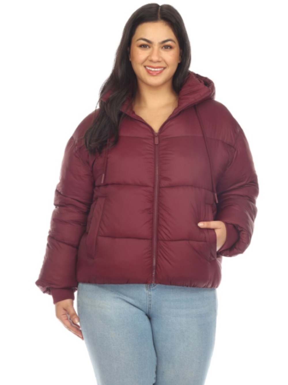 White Mark Plus Size 3X Hooded Bomber Puffer Coat Burgundy NWOT
